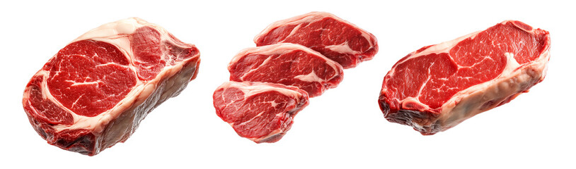Fototapeta premium Set of pork shoulder steak showcasing marbled texture isolated on white background, emphasizing freshness and quality.