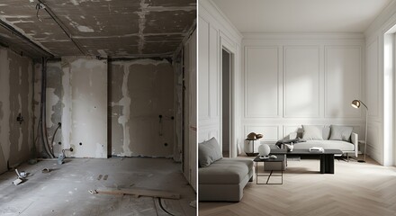 Before and after room renovation revealing a sophisticated and minimalist living space