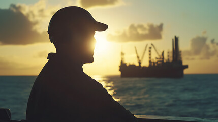 A male oil rig worker operating machinery. Featuring technical expertise and focus