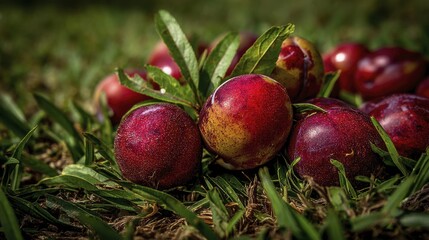 Overripe plums falling from a laden branch onto lush green grass - overflowing decaying lush outdoors nature