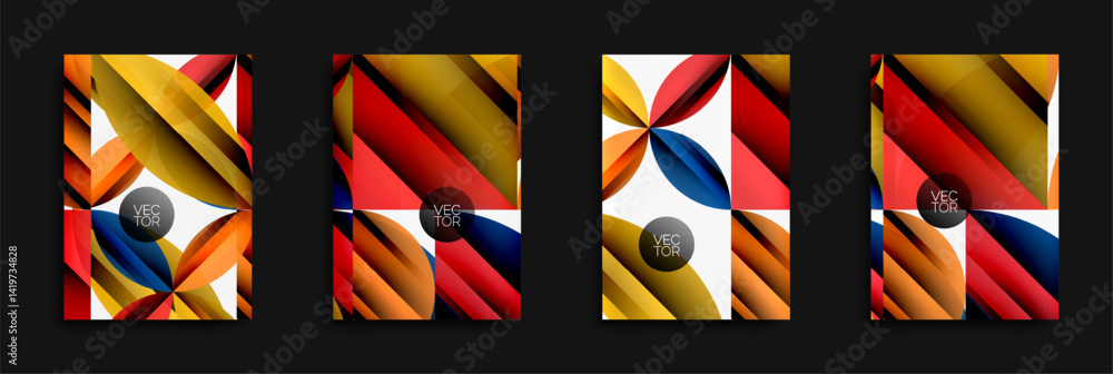 Poster Abstract geometric designs. Bright colors overlap, creating dynamic visual patterns. Vector illustrations suitable for modern branding.
