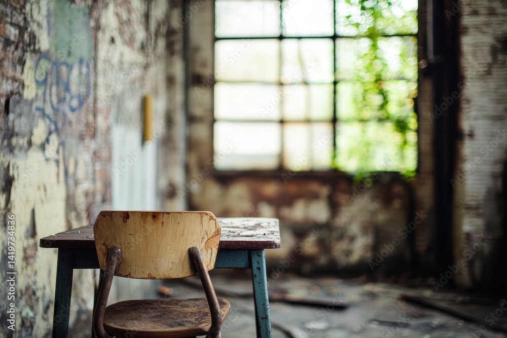 Poster empty chair at a dusty table in an abandoned building with overgrown vines