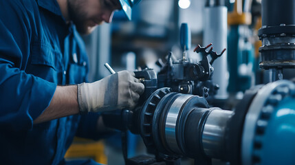 A male oil rig worker performing routine maintenance on a pump. Featuring technical expertise and mechanical knowledge
