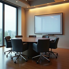 Fototapeta premium Spacious Modern Conference Room Interior with Large Wooden Meeting Table, Comfortable Office Chairs, and Bright Corporate Lighting
