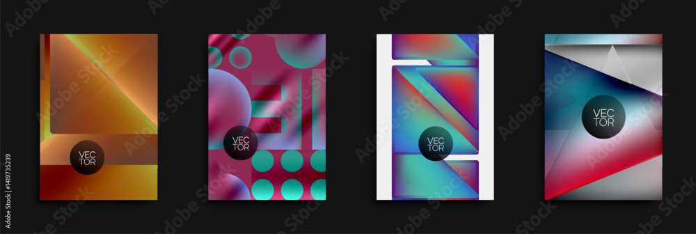 Poster Abstract geometric designs. Vibrant colors blend, creating modern backgrounds. Vector graphics showcase dynamic compositions.