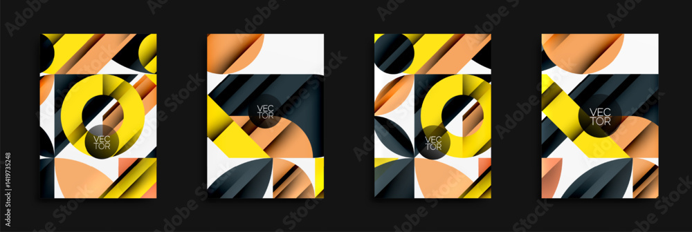 Poster abstract geometric designs. four variations using circles, lines, shapes, colors. modern vector illu