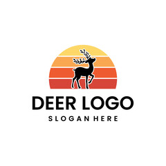 simple deer Silhouette with sunset logo design template vector