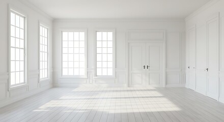 A Bright White Modern Room with Windows and Doors: Space for Ideas