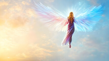 Obraz premium Woman With Colorful Wings Flying In The Sky