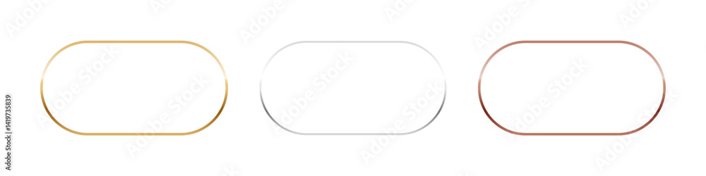 Poster gold, silver and bronze oval frames. horizontal thin metal ellipse photo or picture frames isolated 