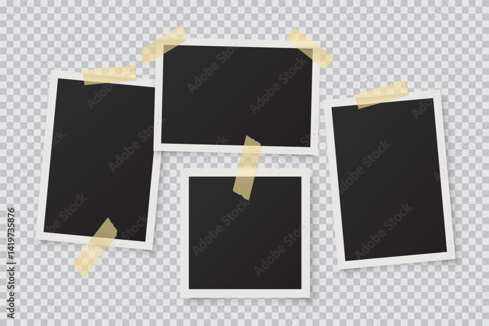 Poster blank retro photo frames with tape. set of empty vintage photo placeholders with white borders on tr