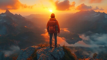 Hiker enjoys glowing morning peaks images