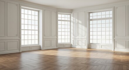 Elegant empty room with wooden floor, panelled walls and bright natural light