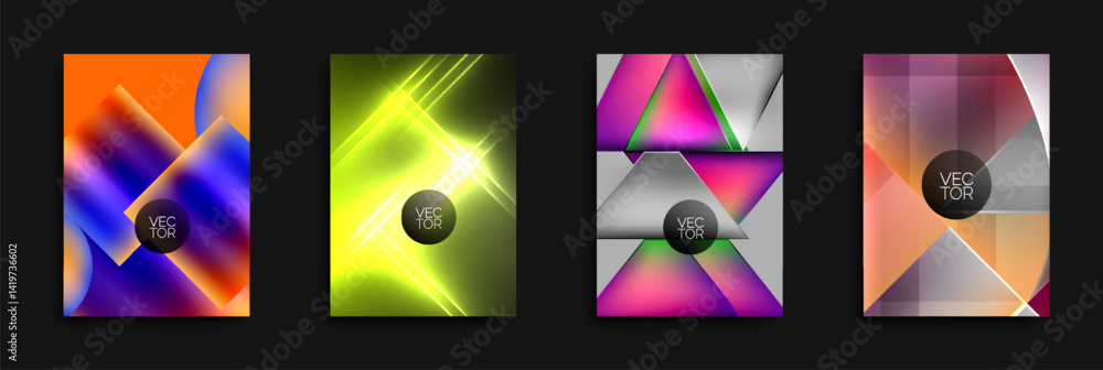 Aufkleber Four vibrant abstract backgrounds. Geometric shapes overlap, creating dynamic visual effects. Bright colors dominate designs. Vector graphics present modern aesthetic.
