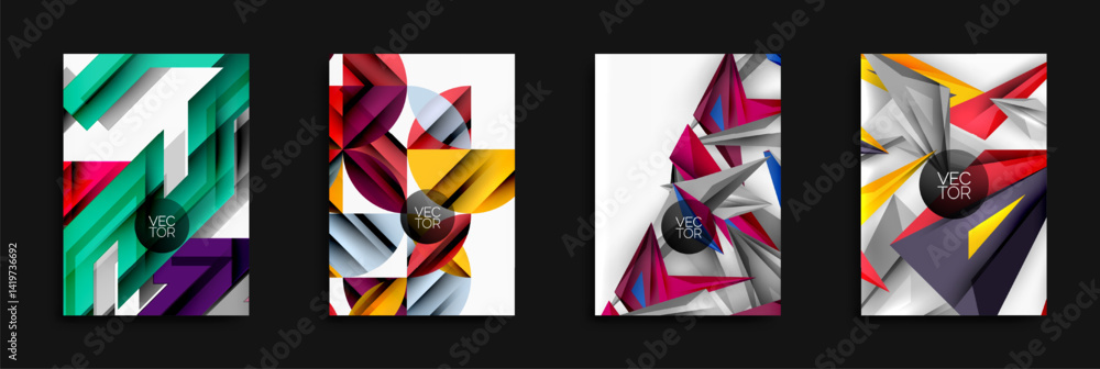 Aufkleber abstract geometric designs. vibrant colors, layered shapes create modern backgrounds. vector illustr