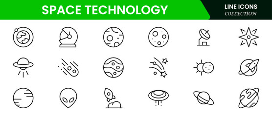 Space and Technology icon set. Containing satellites, the universe, astronauts, rockets, comets, telescopes and planets, and more icons