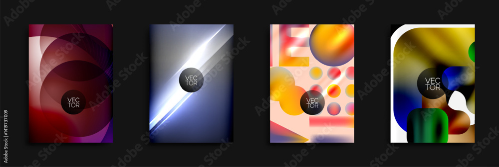 Poster abstract designs feature vibrant color blends, geometric shapes, overlapping elements. modern vector