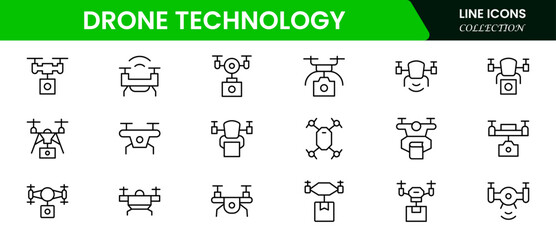 Drone Technology vector line icon set. Contains linear outline icons like Quadrocopter, Propeller, Remote Control, Radar, Camera, Battery, Delivery, and Copter. 
