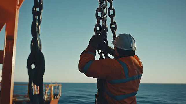 A male oil rig worker securing lifting equipment. Featuring strength and focus