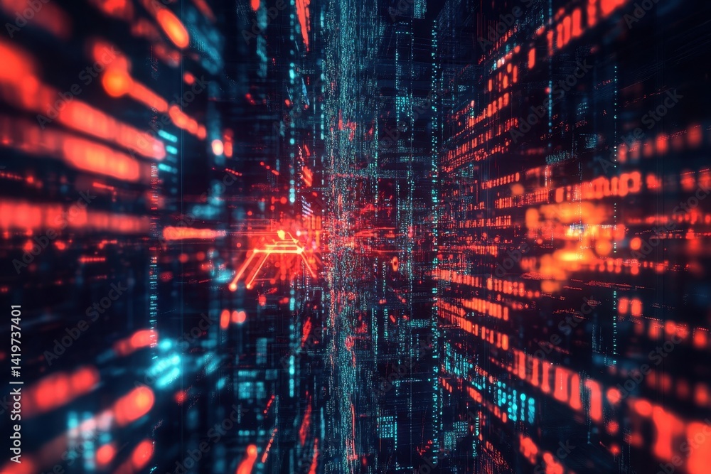 Poster vibrant digital corridor showcasing red and blue light patterns in a futuristic setting