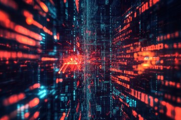 Vibrant digital corridor showcasing red and blue light patterns in a futuristic setting