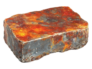Intensely textured rusty stone block, showcasing vibrant orange and grey hues.  A striking metaphor for decay, resilience, or the passage of time.
