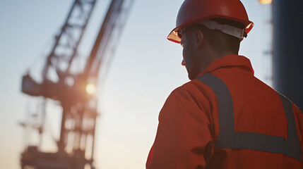 A male oil rig worker supervising a team during a drill operation. Featuring leadership and mechanical expertise