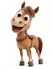 Obraz premium Delightful Cartoon Horse, Joyful Expression, White Background, Saddle