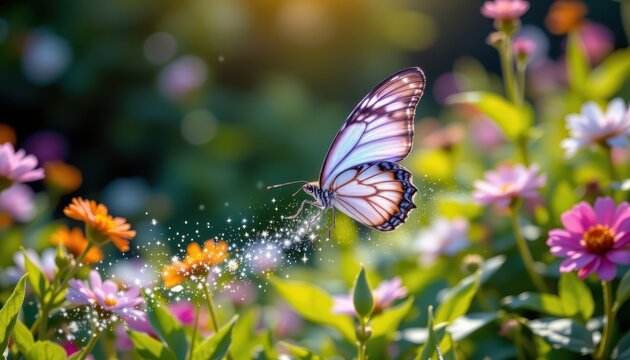 An illusionary butterfly fluttering through a garden, leaving trails of sparkling dust.