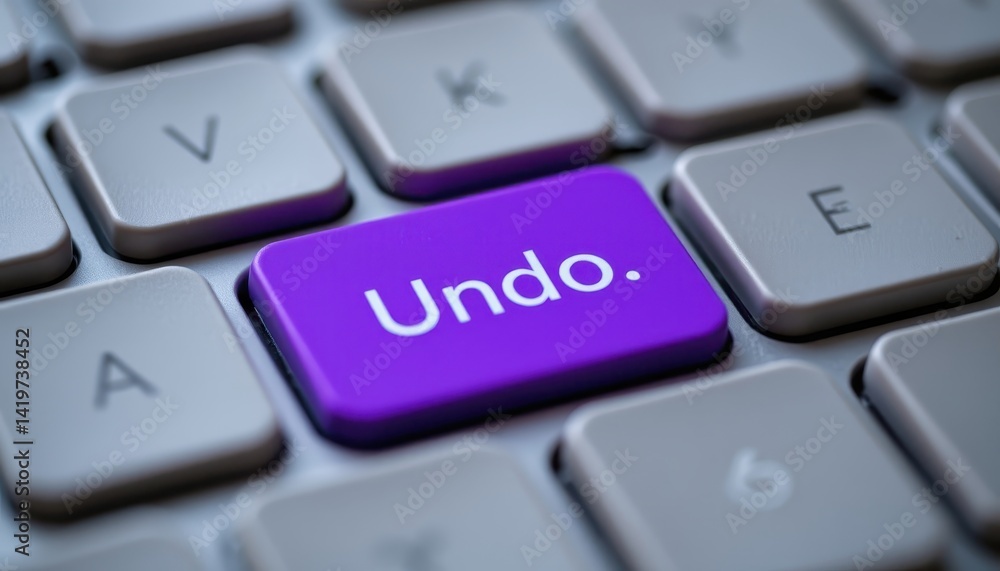 Poster an image capturing the details of a keyboard with a bright purple key that says 'undo.'