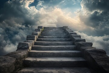 Obraz premium Stone Staircase Leading Into Cloudy Sky With Dramatic Lighting and Perspective