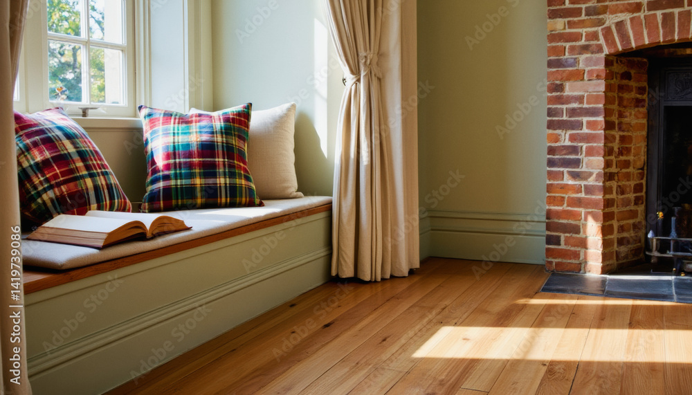 Poster modern interior design architecture photography: sunlight streams through a window, illuminating a c