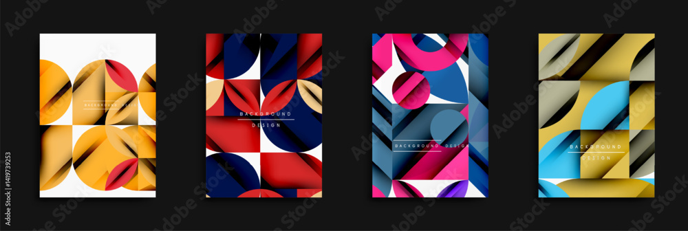 Aufkleber Abstract geometric designs. Vibrant color palettes, overlapping shapes create modern backgrounds. Minimalist aesthetic, clean lines present.