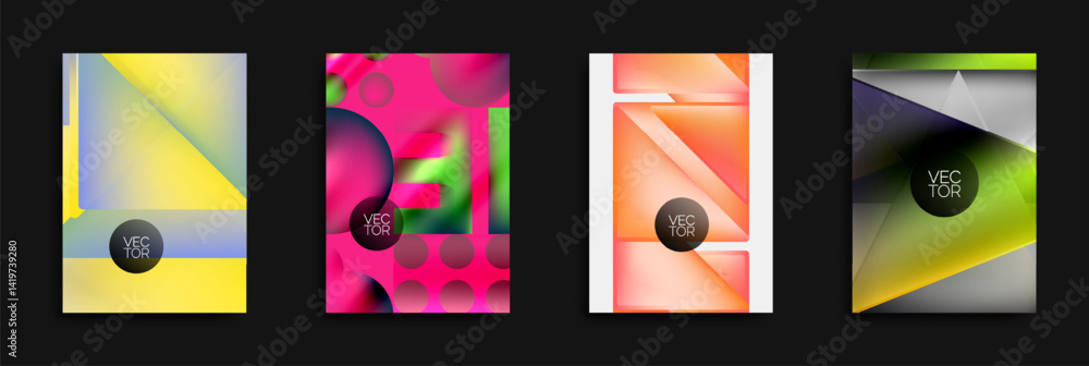 Poster Four vibrant abstract designs. Geometric shapes blend with gradients, creating modern visuals. Each includes vector text.