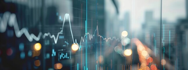 Digital background featuring stock market charts and graphs, financial elements, blurred business