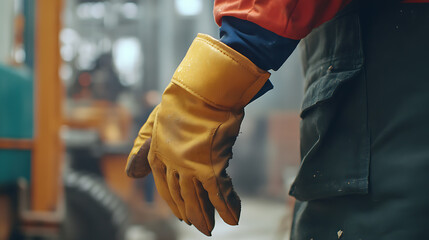 Construction worker adjusting gloves before using machinery. Featuring safety and readiness