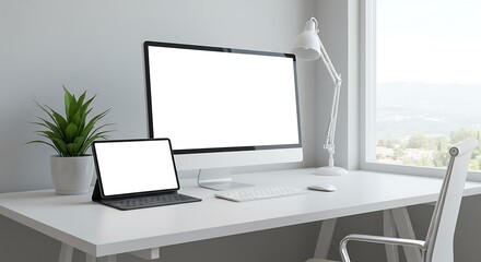 A white desk setup with a computer tablet lamp and plant near a window in a bright room space