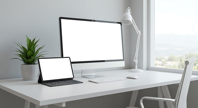 A white desk setup with a computer tablet lamp and plant near a window in a bright room space