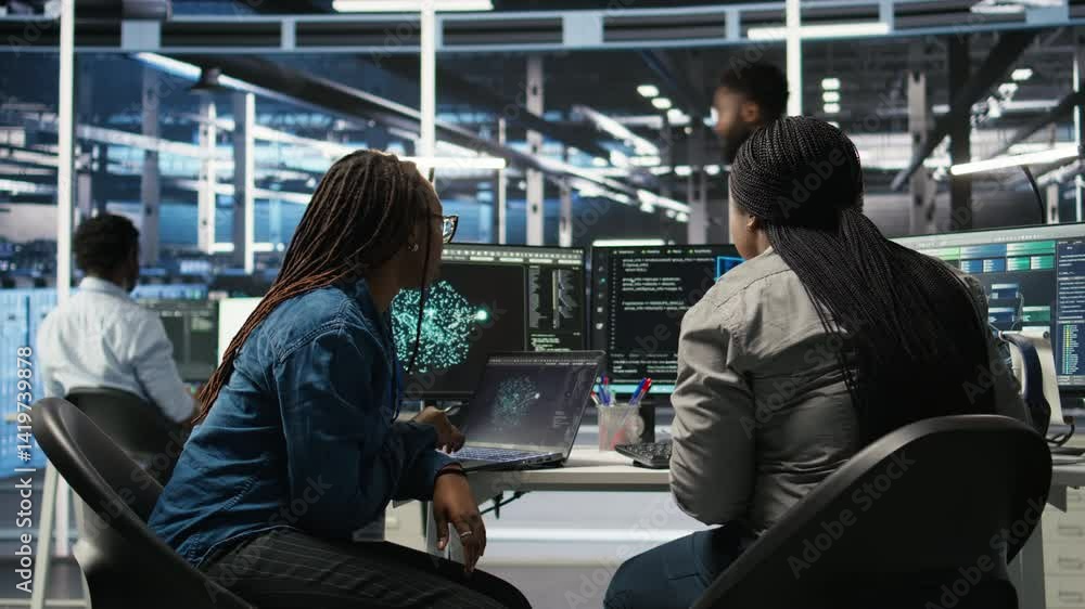 Poster data center coworkers doing brainstorming, using artificial intelligence machine learning models to 