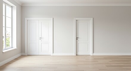Elegant minimalistic interior featuring white doors, walls and light wooden floor