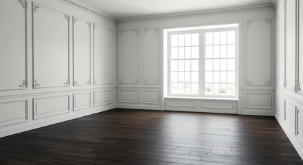 Obraz premium Elegant Interior Architecture Featuring White Walls and Dark Wooden Flooring