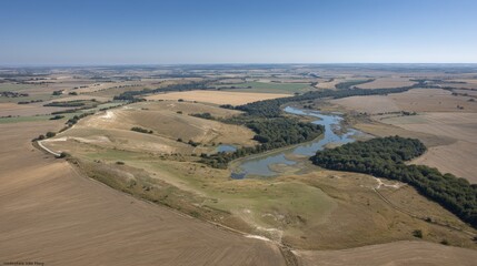 Expansive golden grain field, viewed from above Aerial perspective of agricultural abundance - autumn landscape rich nature rural