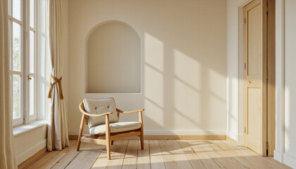 Modern interior design architecture photography: Sunlight streams into a serene room, highlighting a minimalist interior with a wooden chair, arched niche, and flowing curtains.