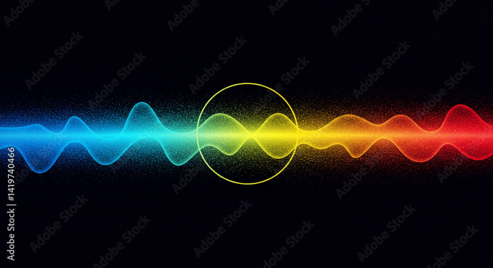 Poster a colorful waveform with a yellow circle in the center against a black background design element
