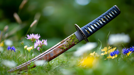 Naklejka premium Rusty Japanese Sword Among Flowers