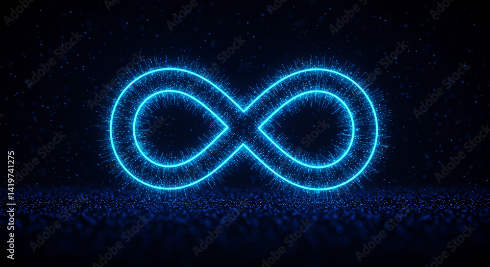 Poster a glowing blue infinity symbol with particles on a dark background creating a digital effect