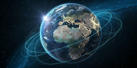 Obraz premium Global Network Connectivity with Blue Light Trails Around Earth in Space