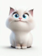 Adorable 3D Cartoon Kitten with Bright Blue Eyes, Sitting and Smiling Sweetly on White Background