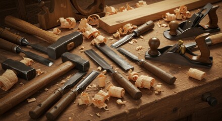 Woodworking Tools and Shavings on a Workbench