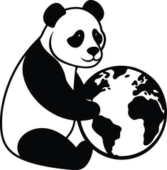 Panda Holding Globe Silhouette, Conservation Symbol, Planet Earth, Black and White